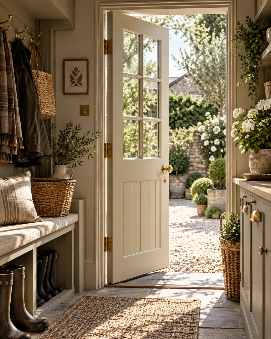 Country-cottage back door at the kitchen threshold