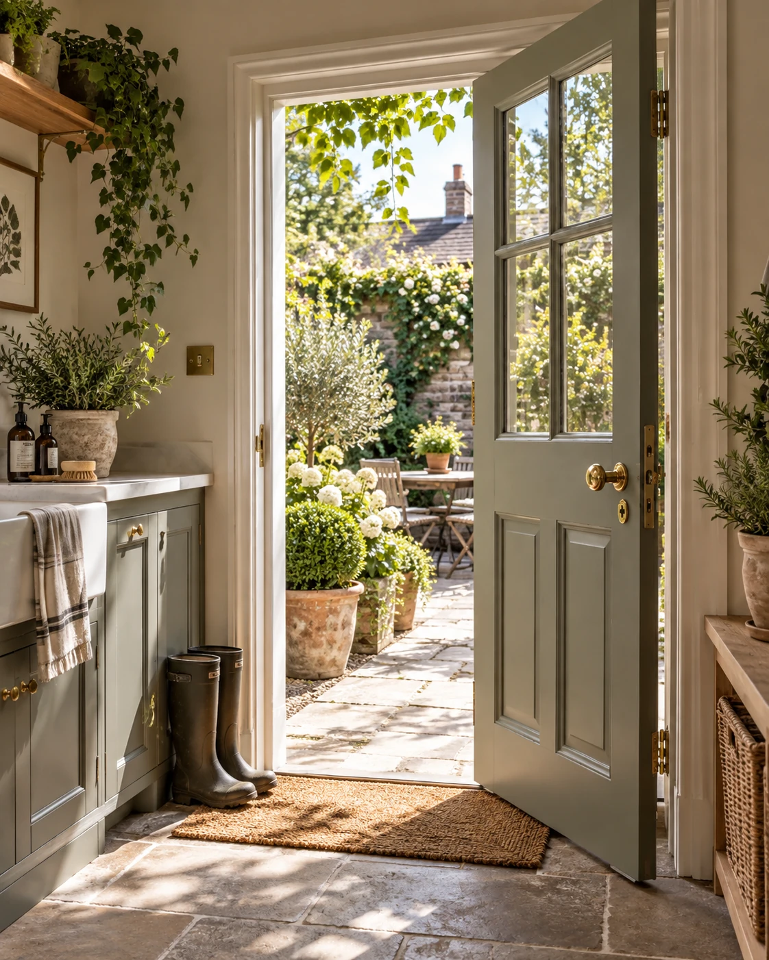 Soft sage back door opening to a sunlit courtyard