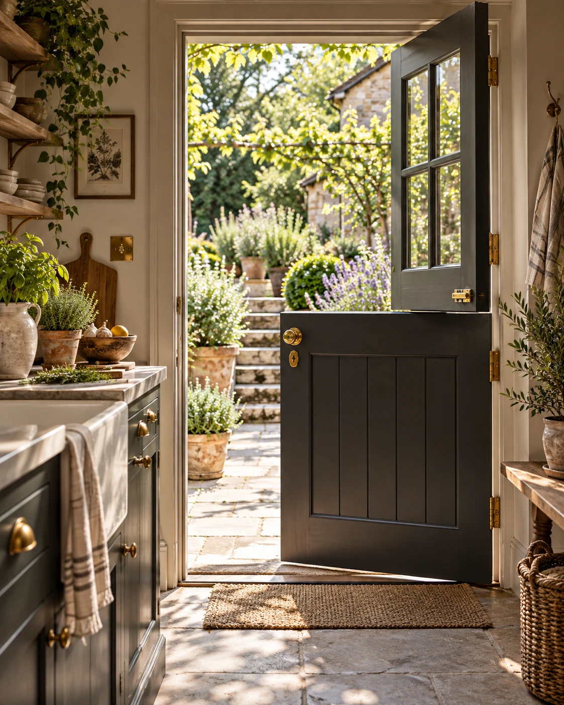 Charcoal-painted rear door to a cottage garden