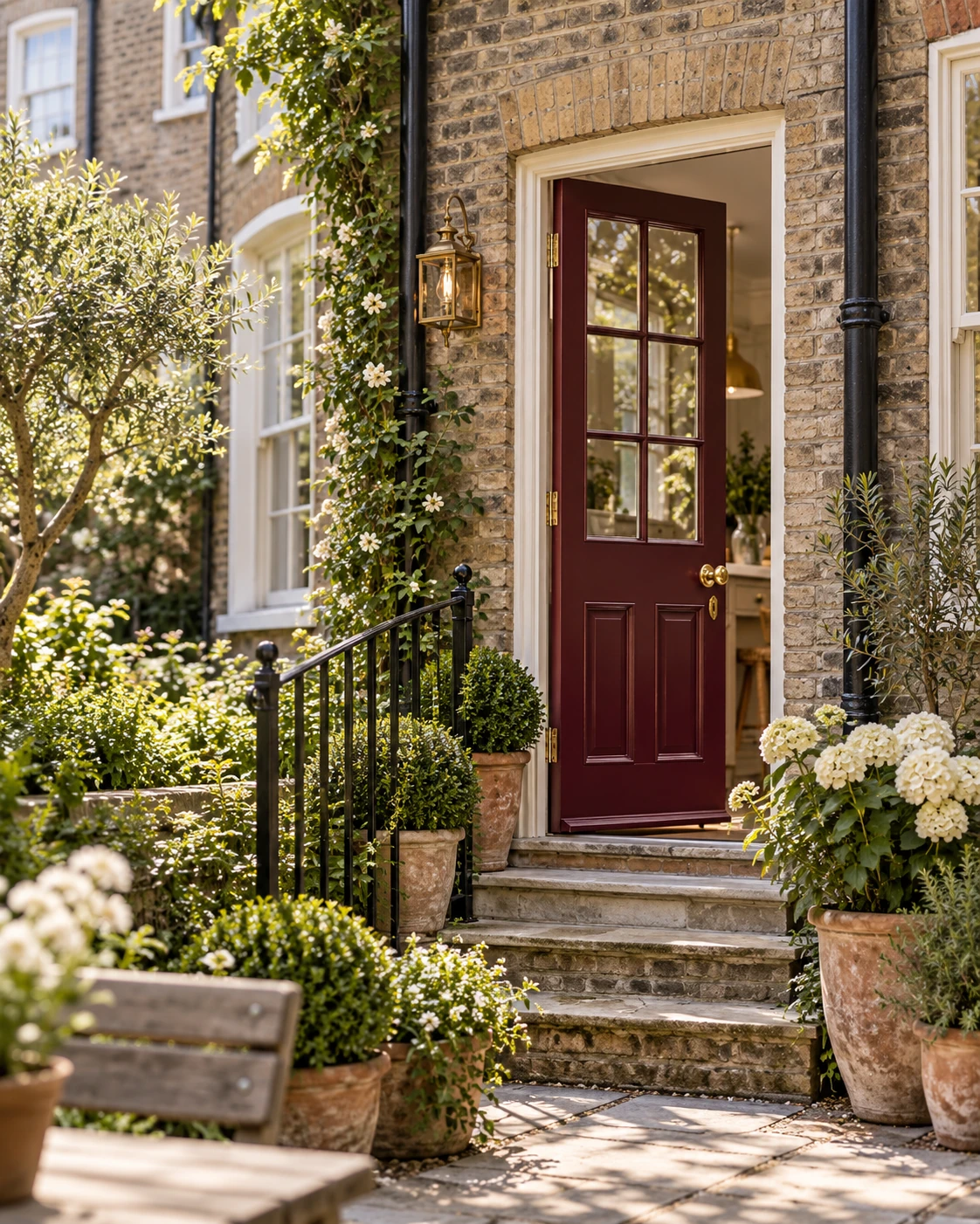 Burgundy back door set within a lush townhouse garden