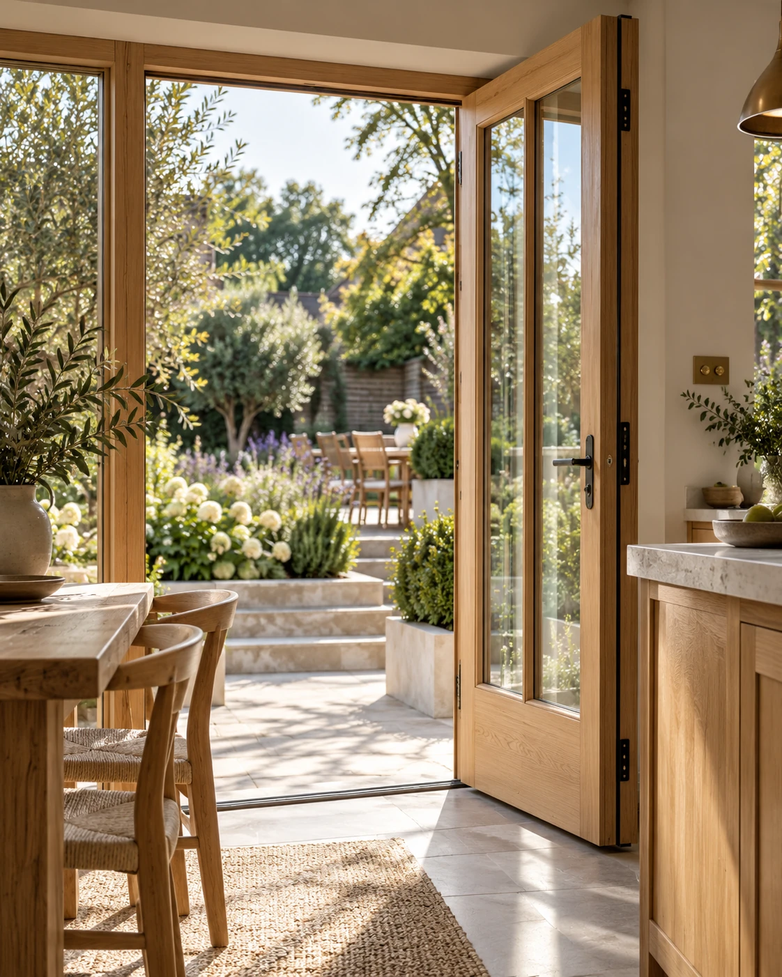 Natural oak back doorway opening to a garden retreat