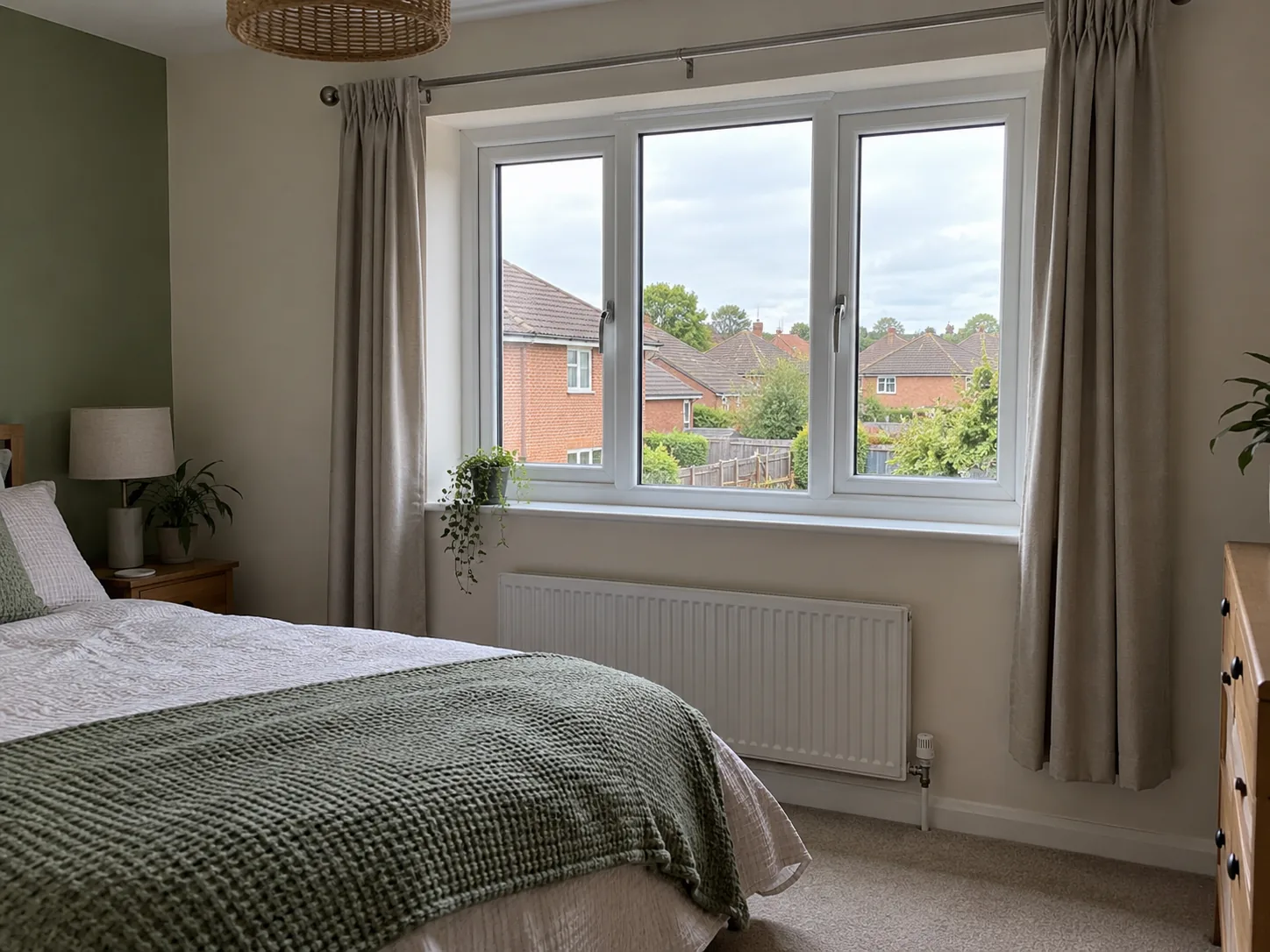 White casement windows on a red brick cottage