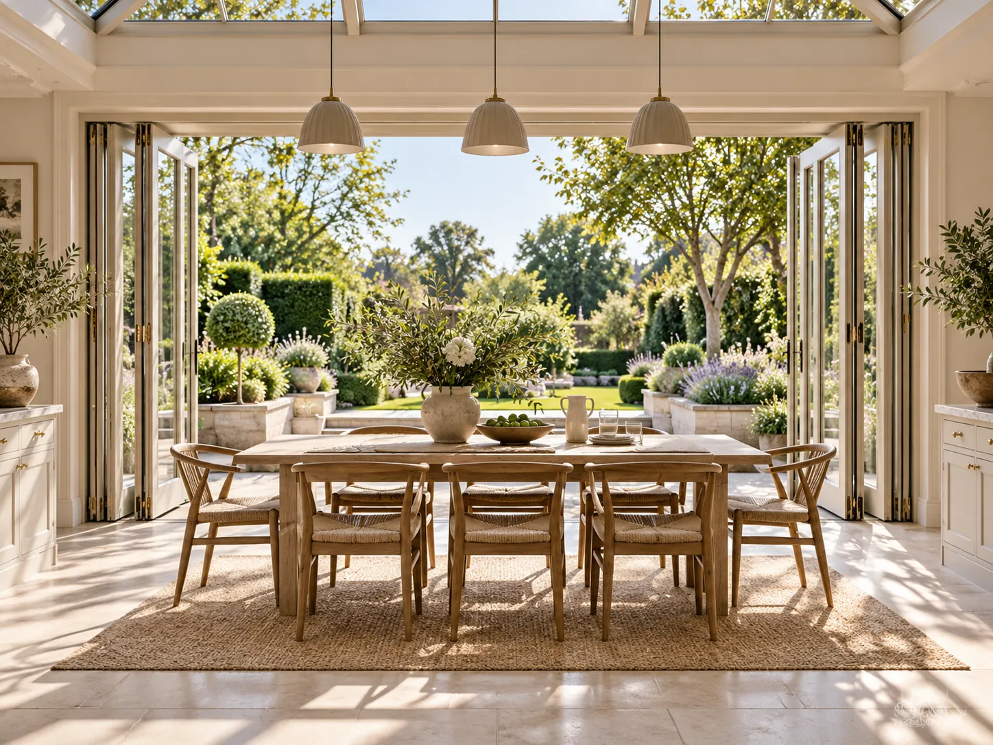 Timber bi-fold doors opening a bright orangery dining room to the garden