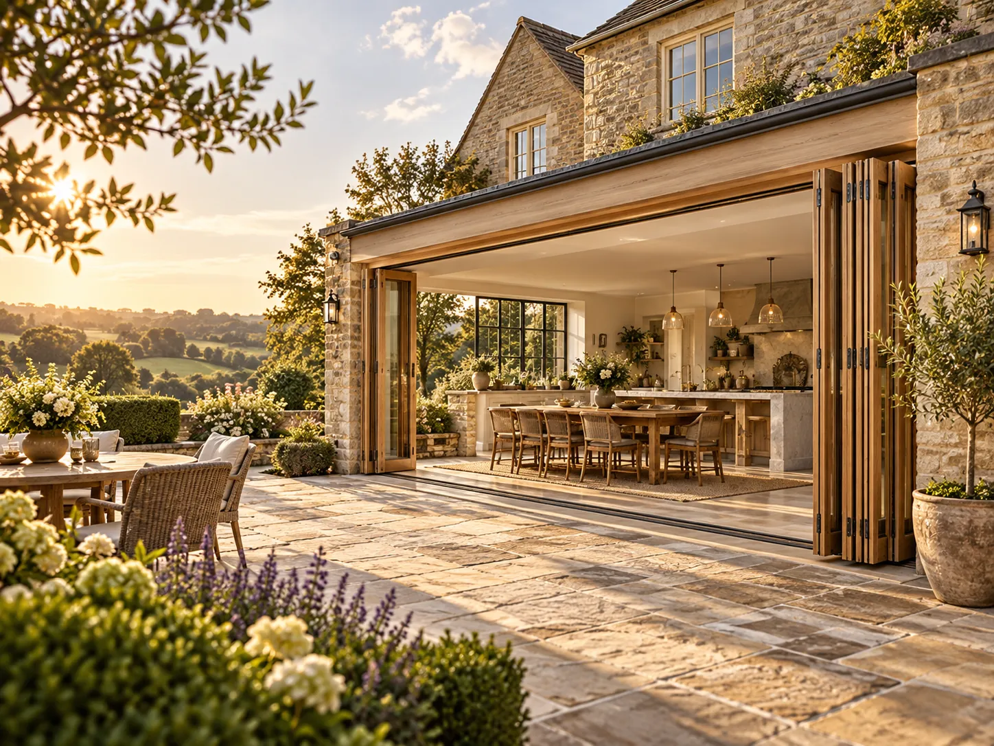 Natural oak bi-fold doors across a wide Cotswold country-house opening