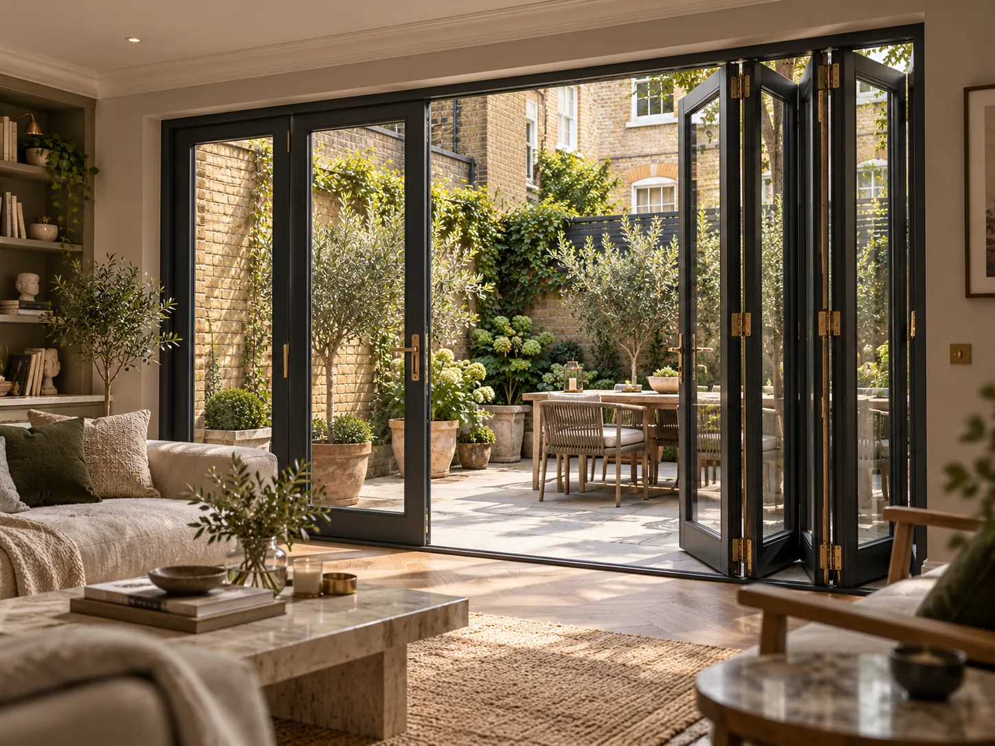 Charcoal bi-fold doors opening a London living space to a walled courtyard