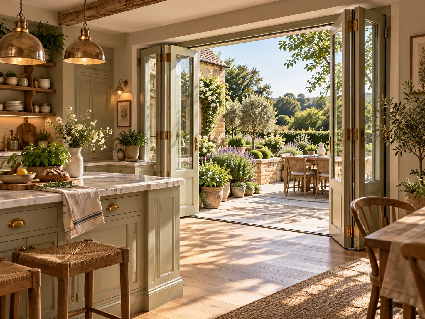 Pale painted timber bi-fold doors connecting a country kitchen and terrace