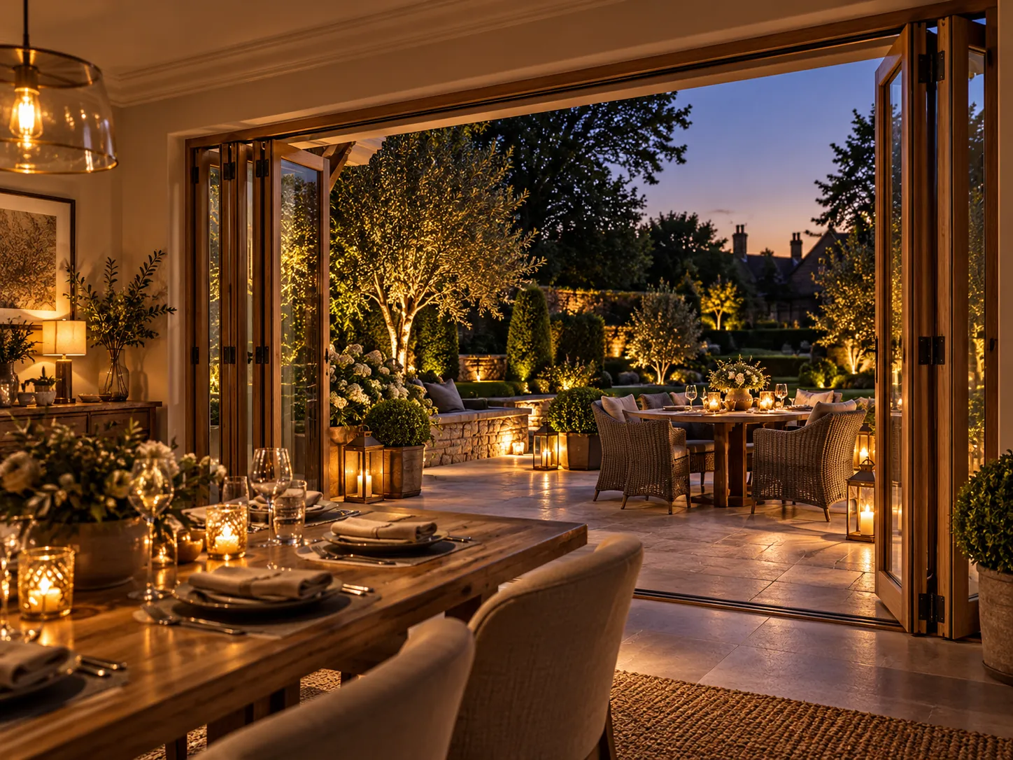 Timber bi-fold doors open for evening dining at dusk