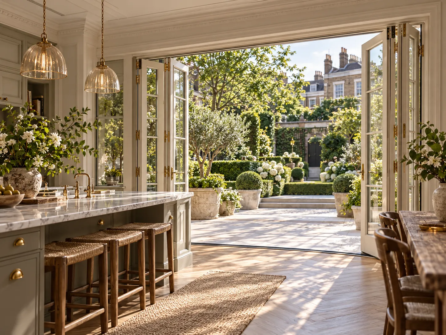 Painted bi-fold doors opening a London kitchen to a compact garden