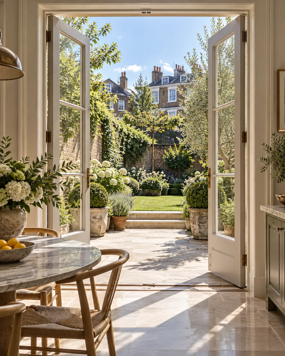 White French doors to a compact London townhouse garden