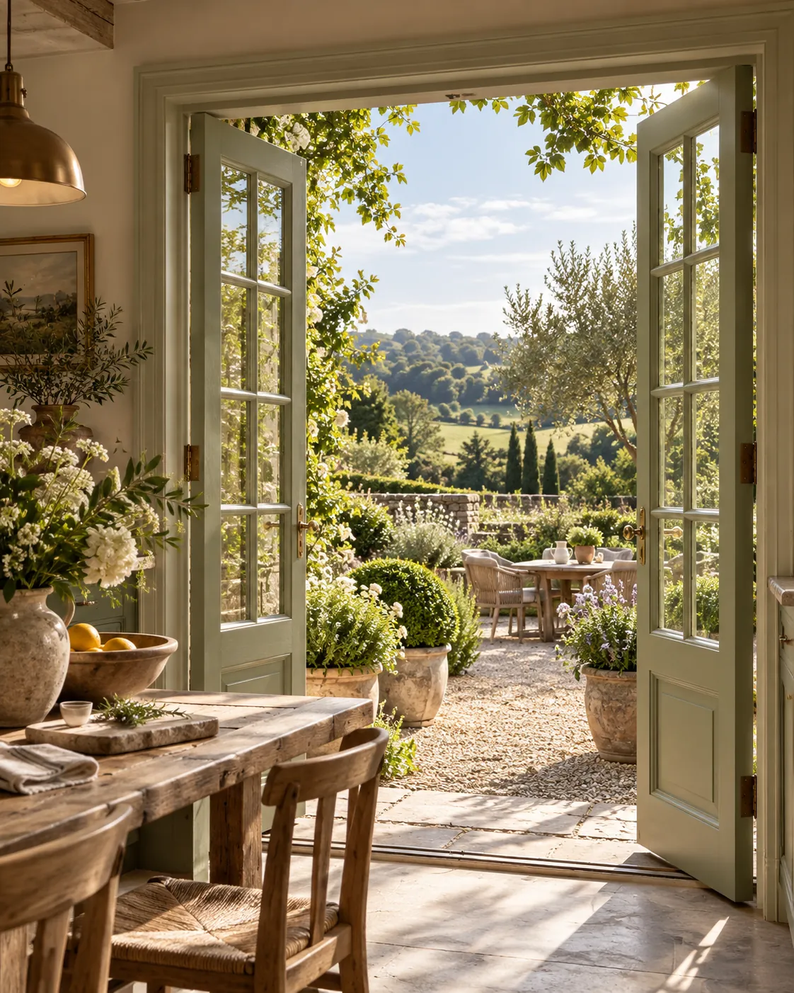 Sage green French doors opening to a country garden