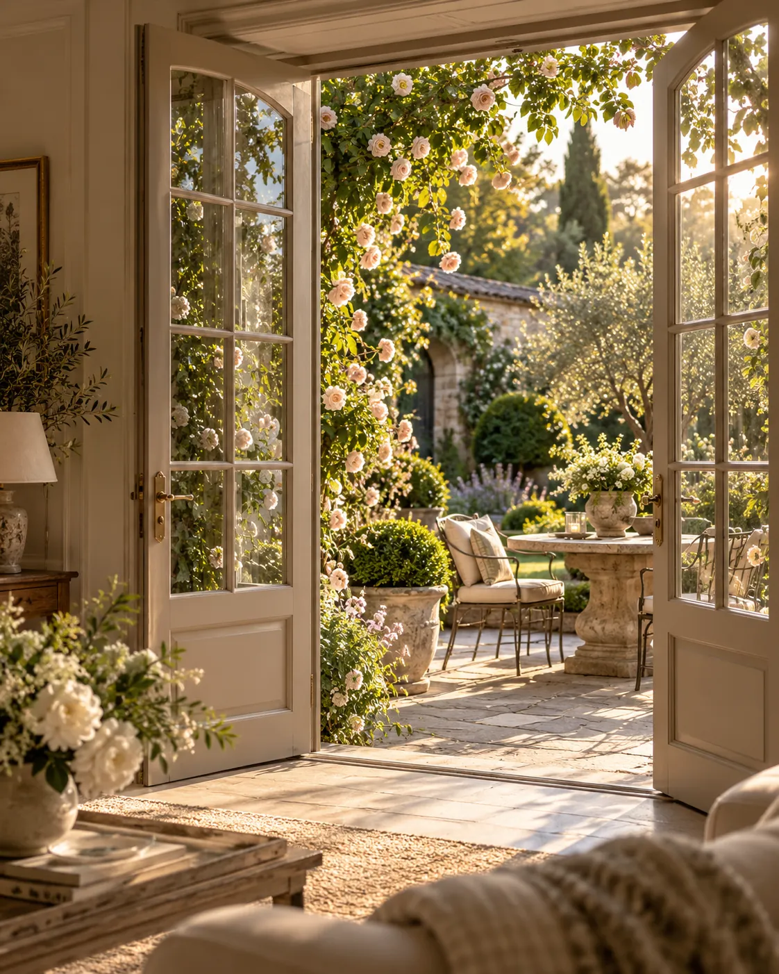 Warm cream panelled French doors to a rose courtyard