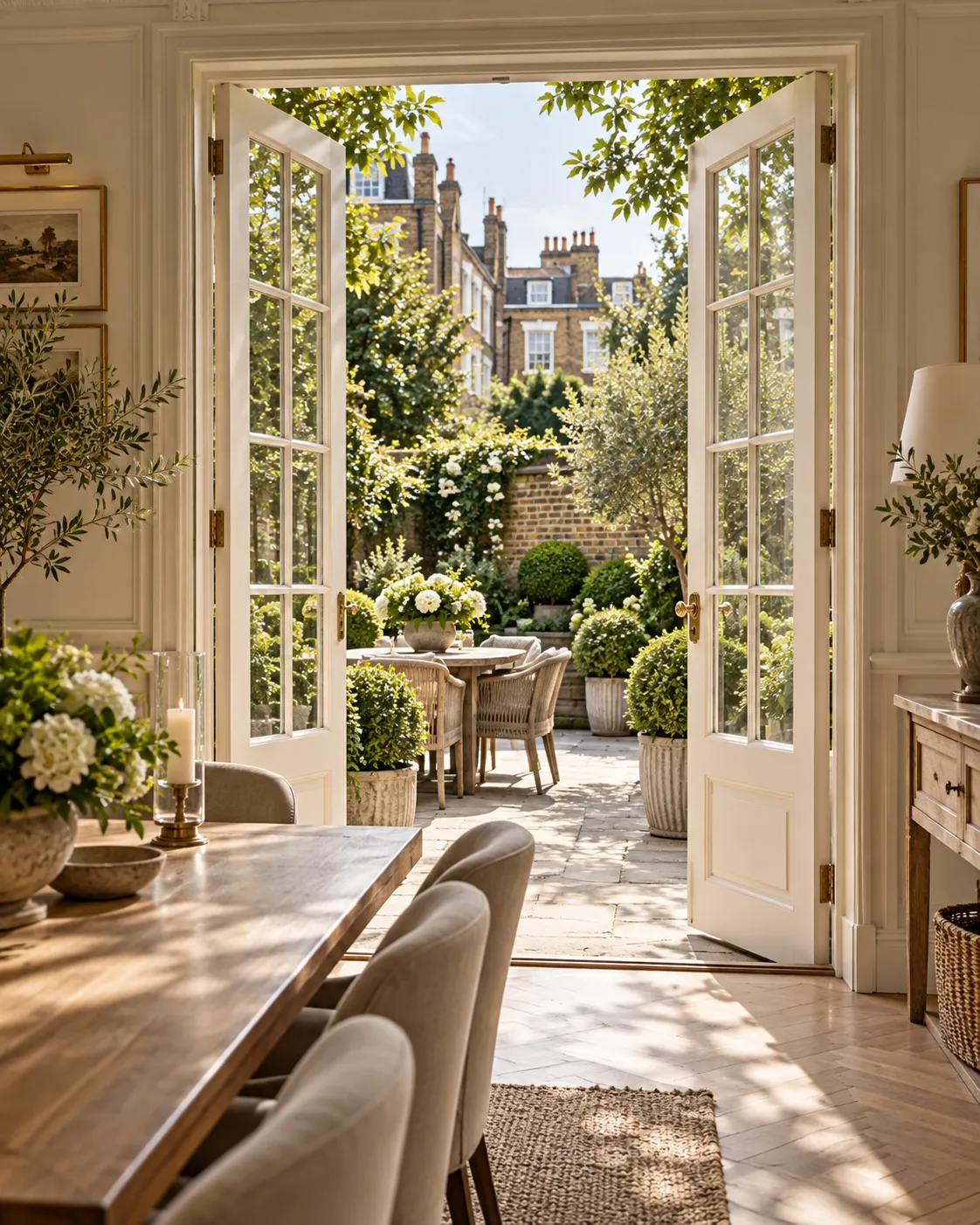 White French doors framing a London walled garden