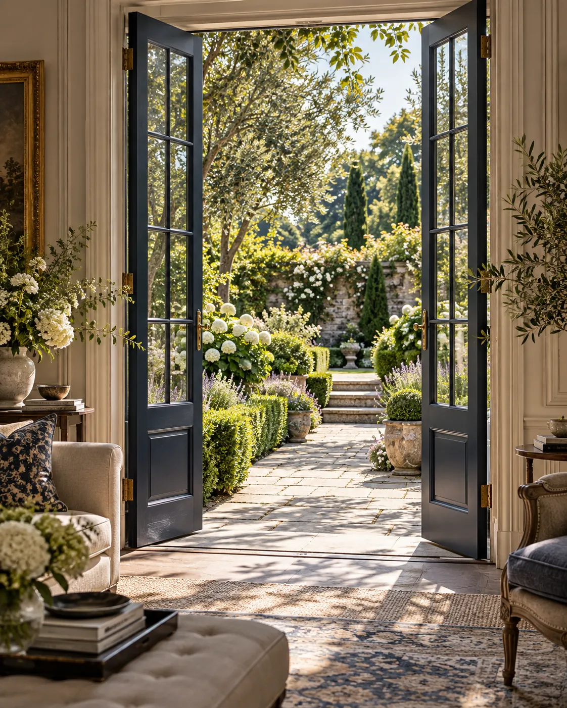 Deep navy French doors to a formal English garden