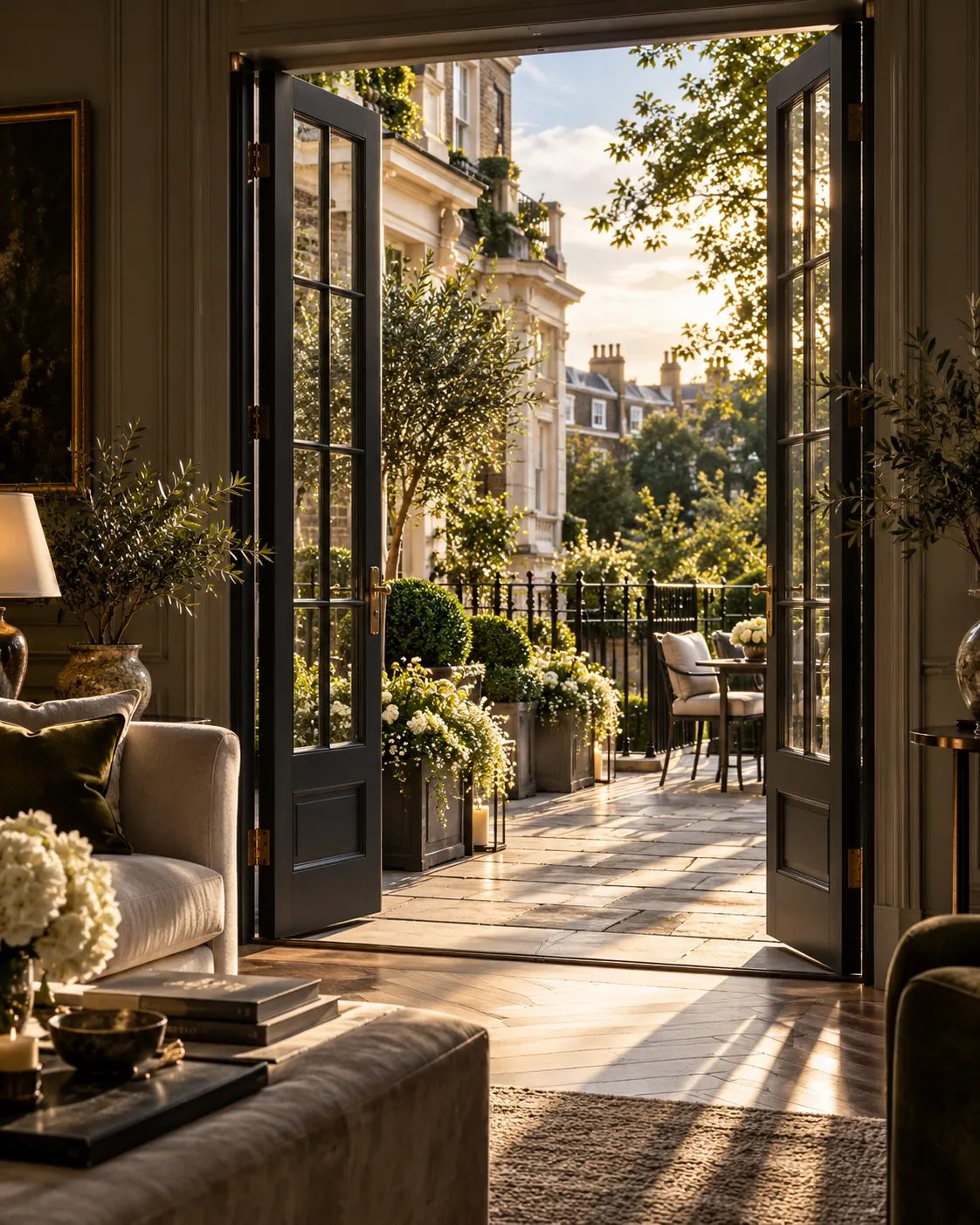 Black French doors opening onto a London terrace