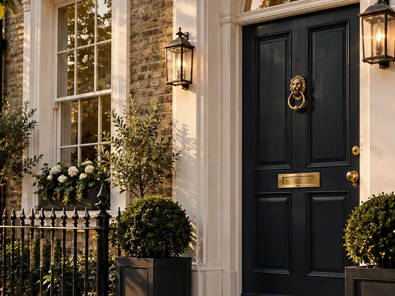 Black bespoke entrance door with brass furniture