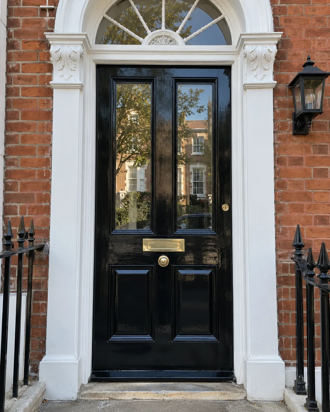 Black bespoke timber entrance door with fanlight in a period brick home