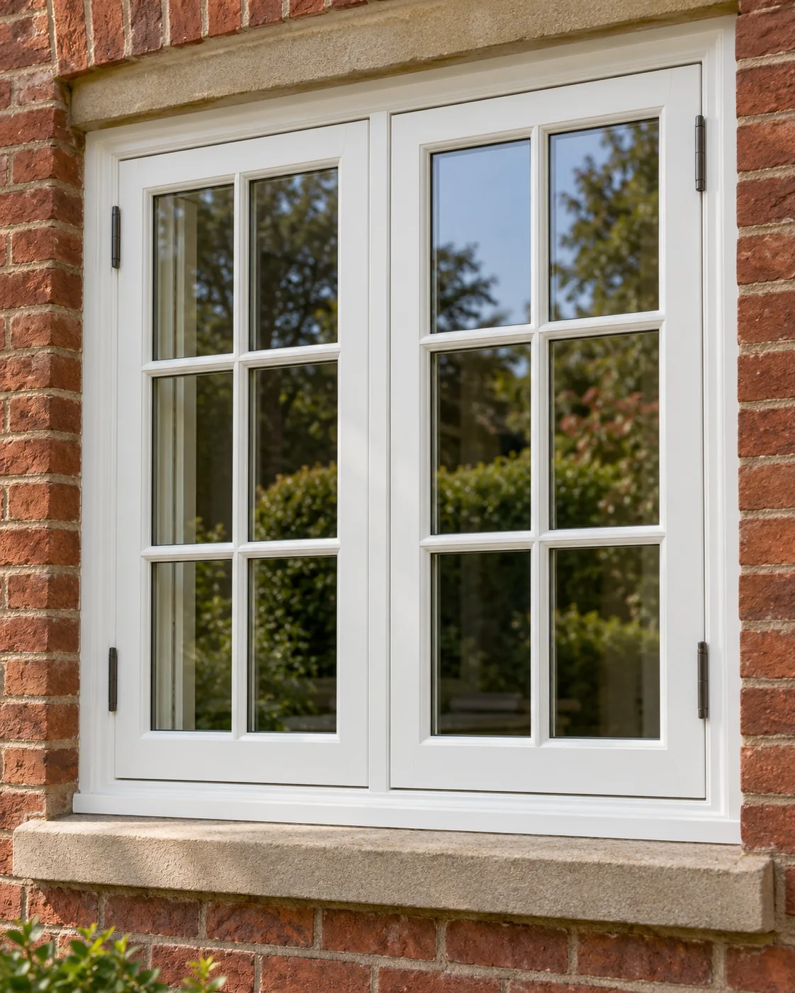 White timber casement windows with glazing bars in red brick