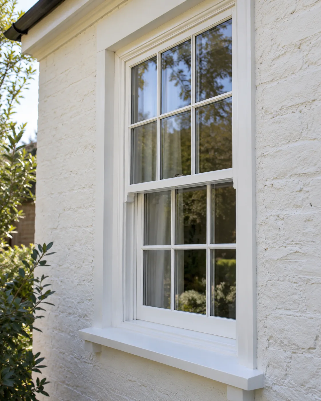 White bespoke timber sash window in a rendered home