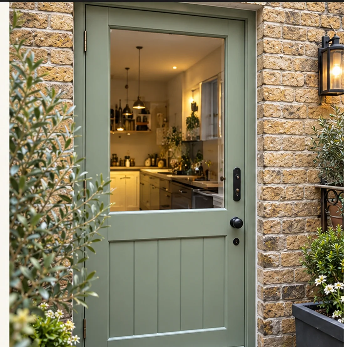 Green timber back door with glazed upper panel