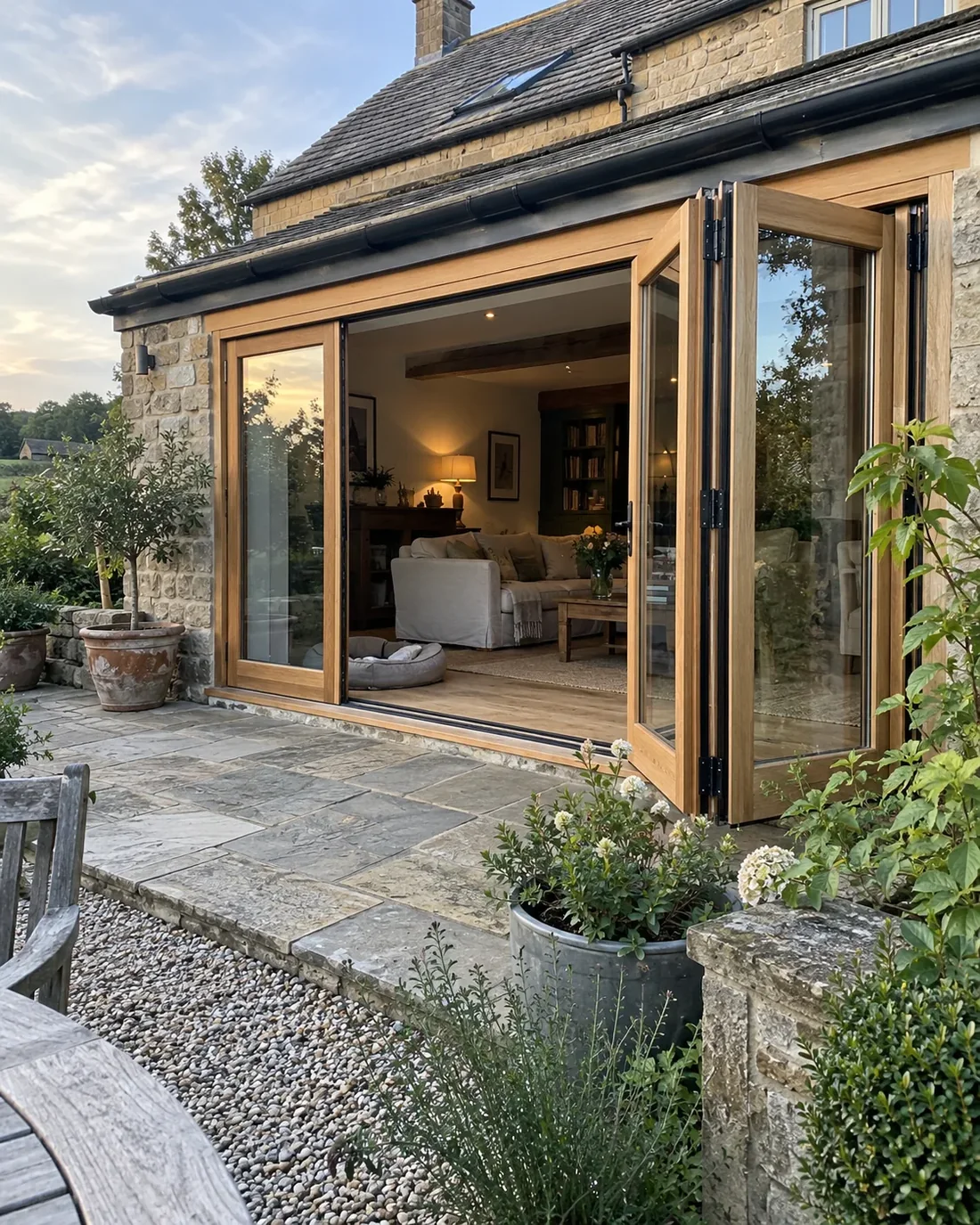 Bespoke oak timber bifold doors opening from a period home into a garden