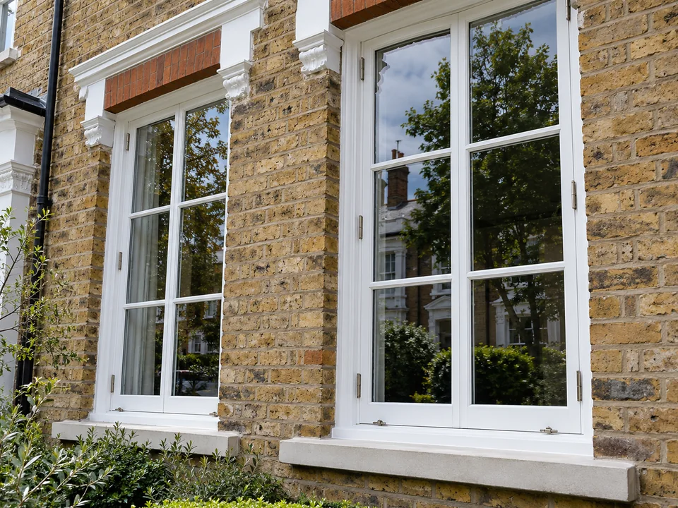 White timber casement windows in a brick period home
