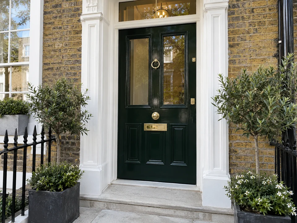 Bespoke dark green timber entrance door in a period home