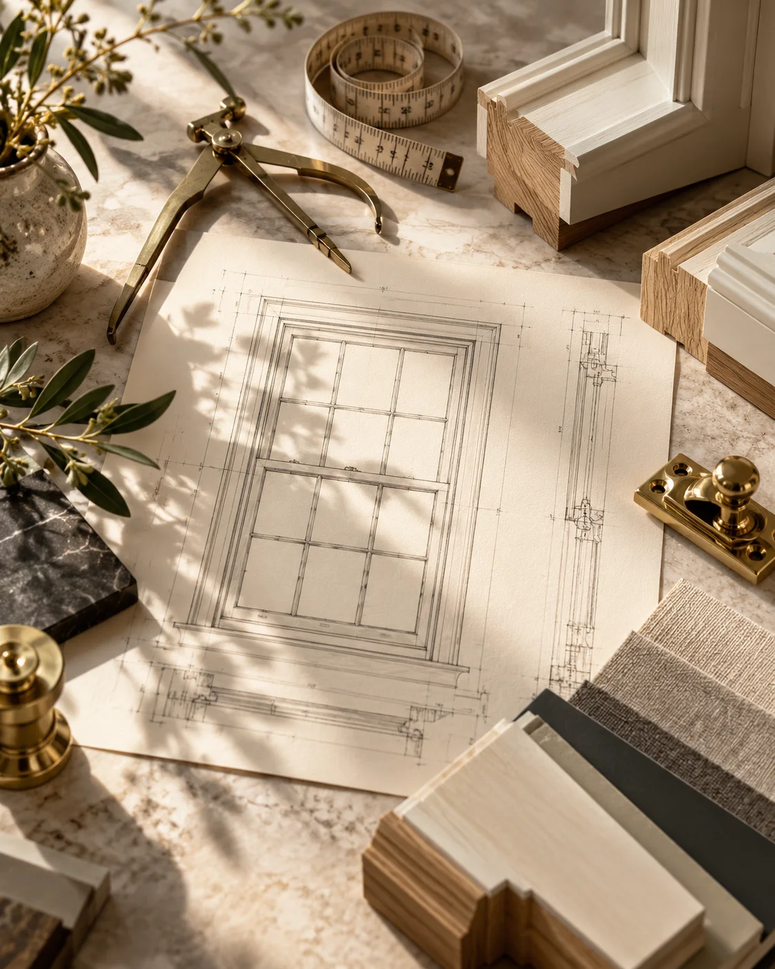 Bespoke timber sash window design drawing, joinery samples and brass hardware by Box Sash