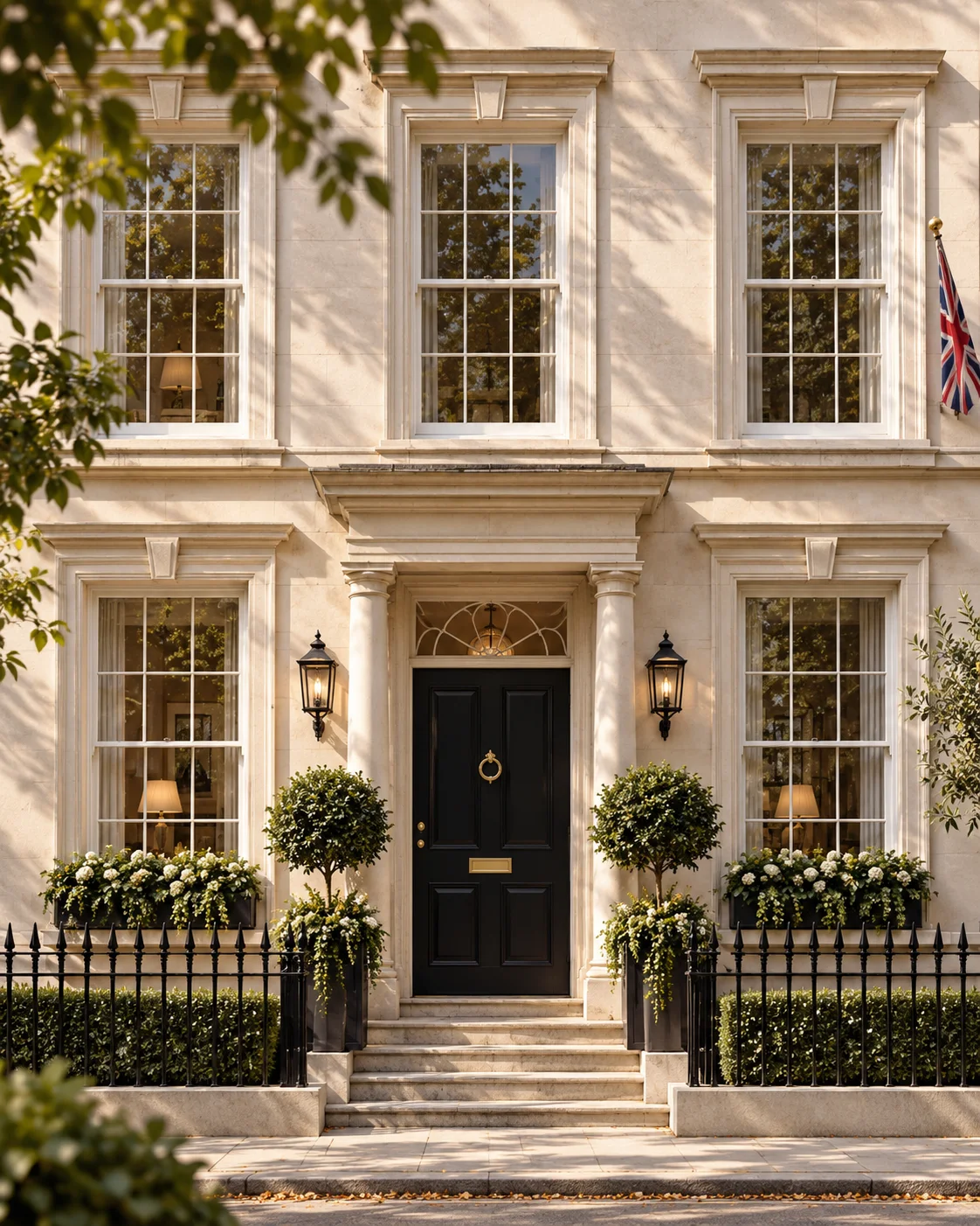 Elegant British period home with bespoke timber sash windows and black entrance door by Box Sash
