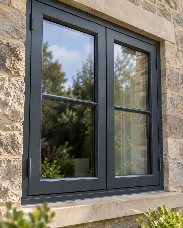 Charcoal timber casement window in a stone home