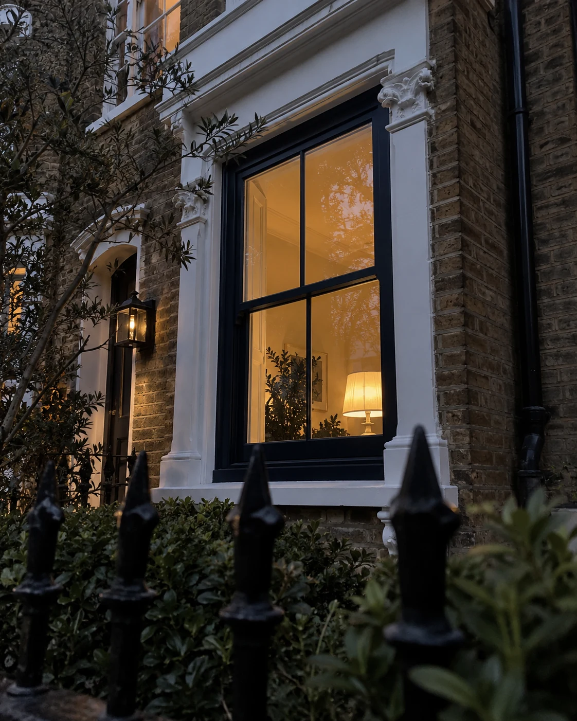 Dark timber sash window glowing warmly at dusk in a period home