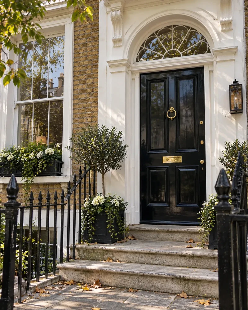 Black timber entrance door with arched fanlight on a period home