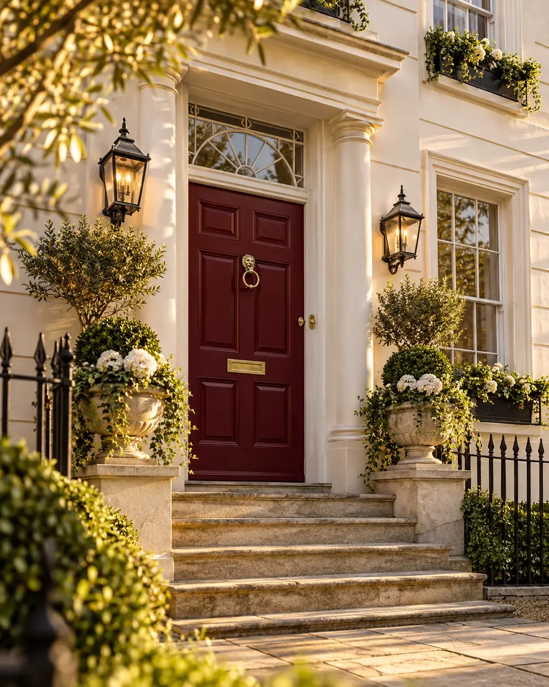 Bespoke burgundy entrance door on an elegant London townhouse