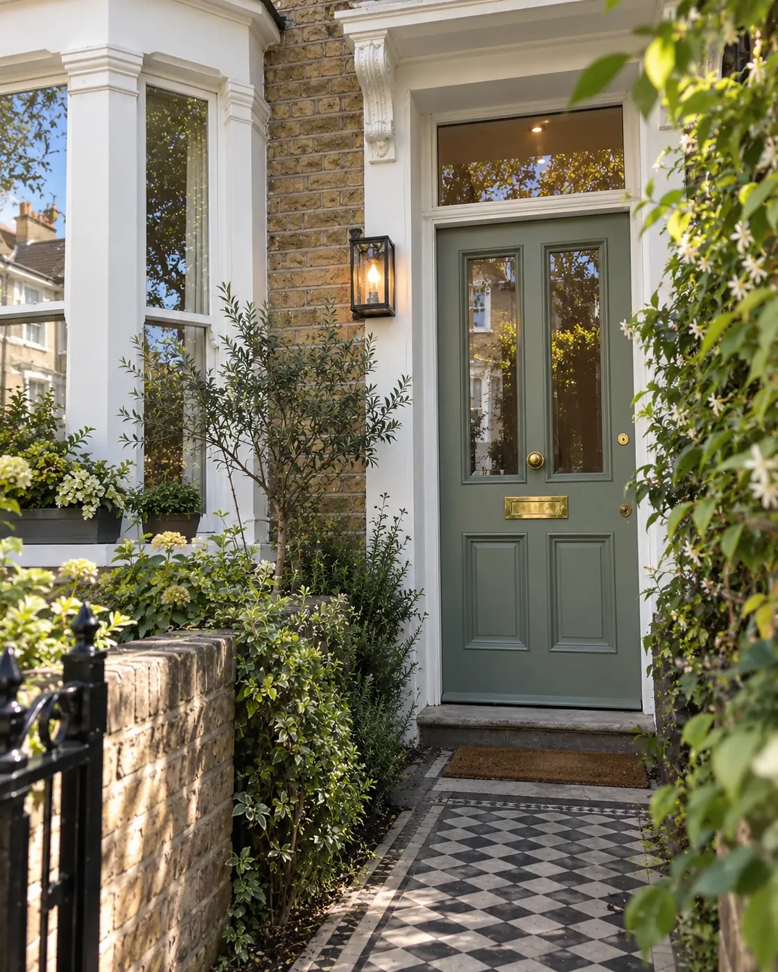 Bespoke olive-green glazed timber entrance door with brass fittings at a British period home