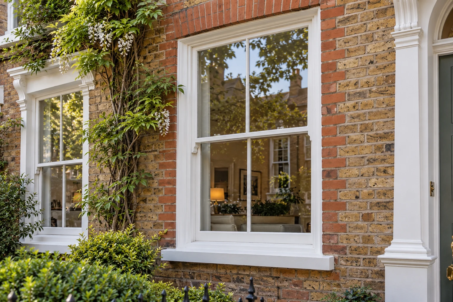 White timber sash windows on a traditional brick home
