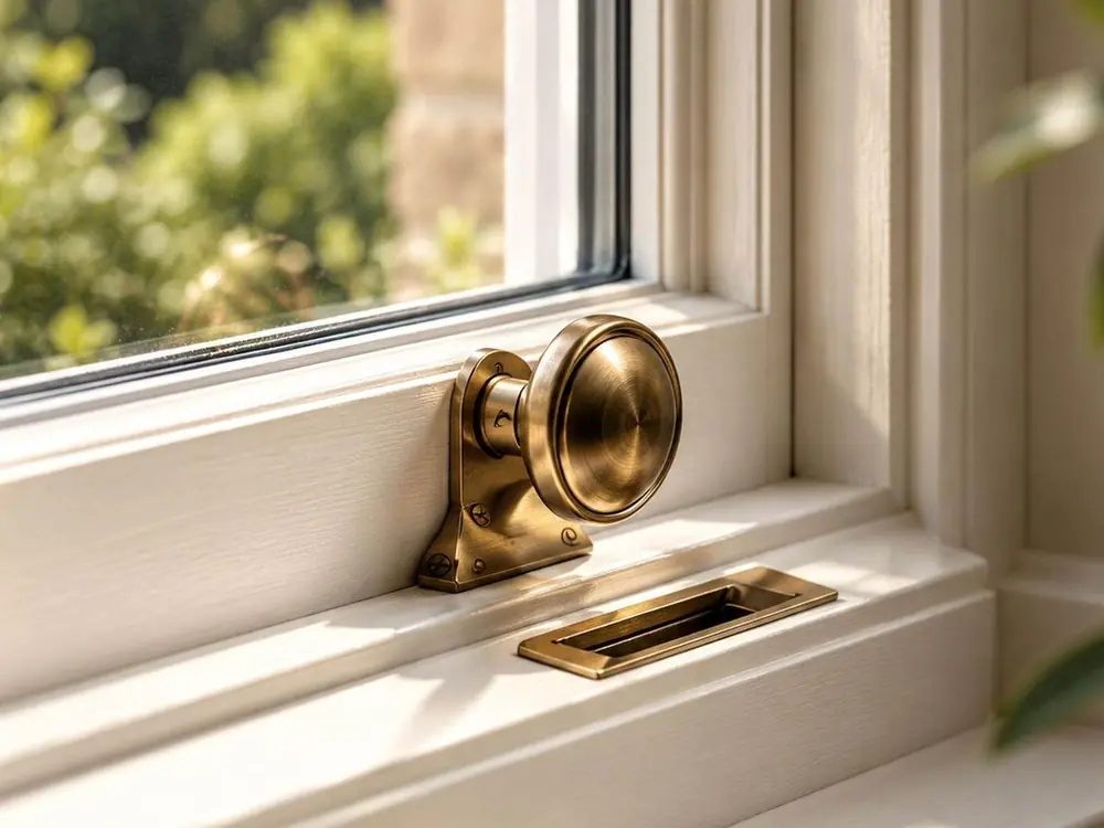 Traditional sash window hardware and joinery detail