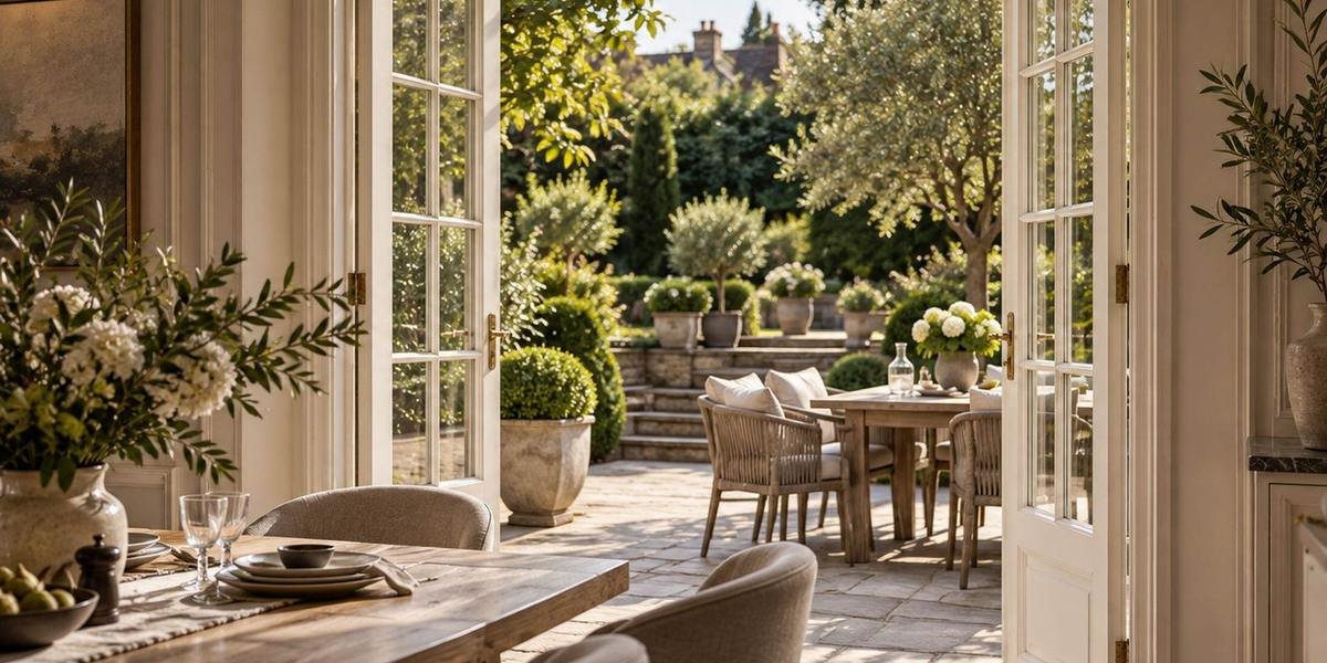 French doors opening to a garden