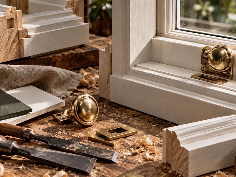 Timber window components and brass hardware on a joinery bench