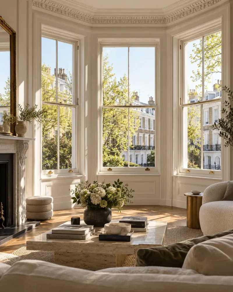 Period living room with traditional double glazed timber sash windows