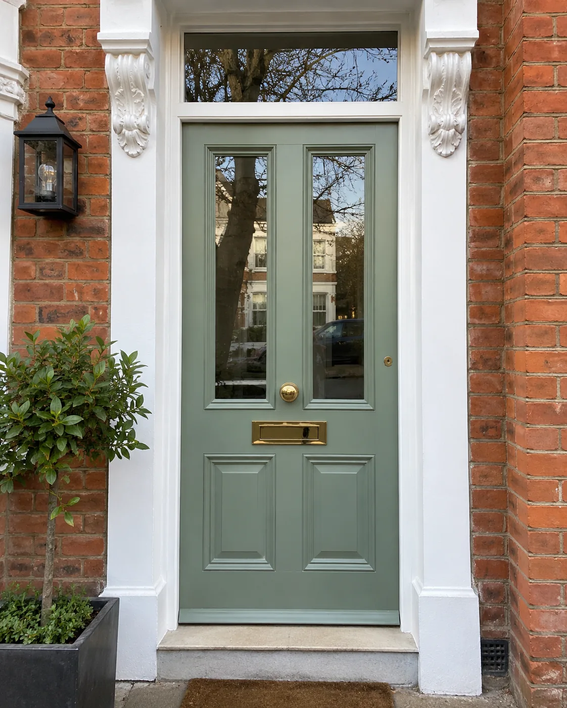 Sage green timber entrance door in red-brick period home