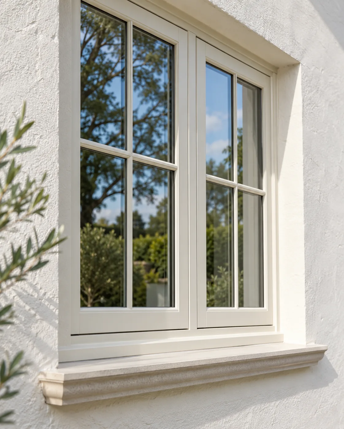 White timber casement window in rendered home