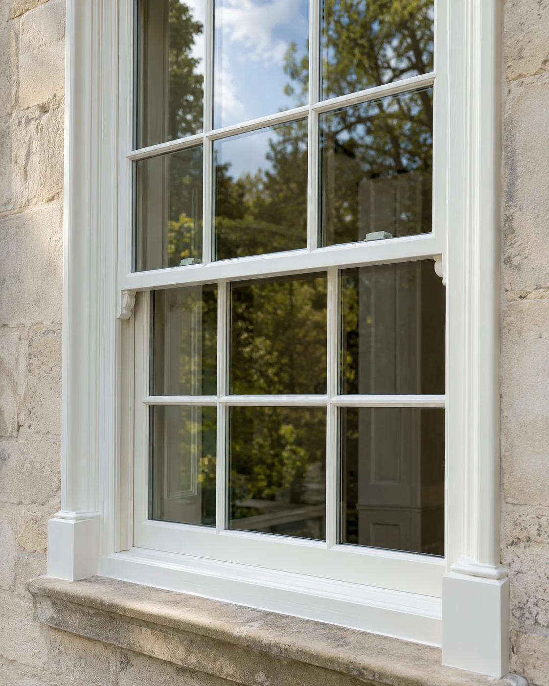 White timber sash window with glazing bars in stone elevation