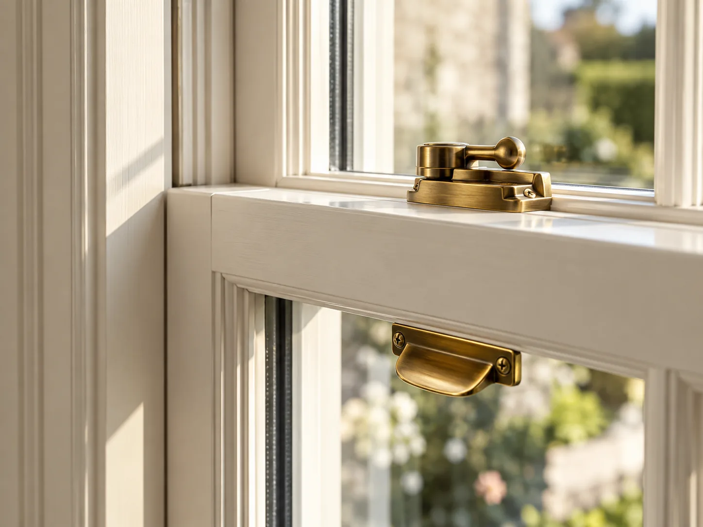 Antique-brass sash fastener and lift detail