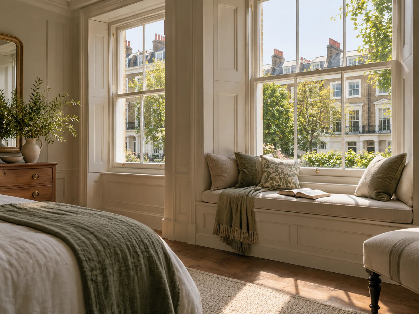 A bedroom window seat with traditional sash windows