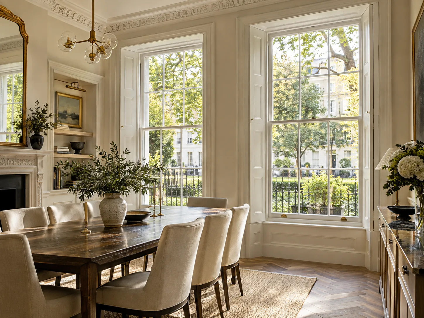 A London dining room with tall replacement sashes