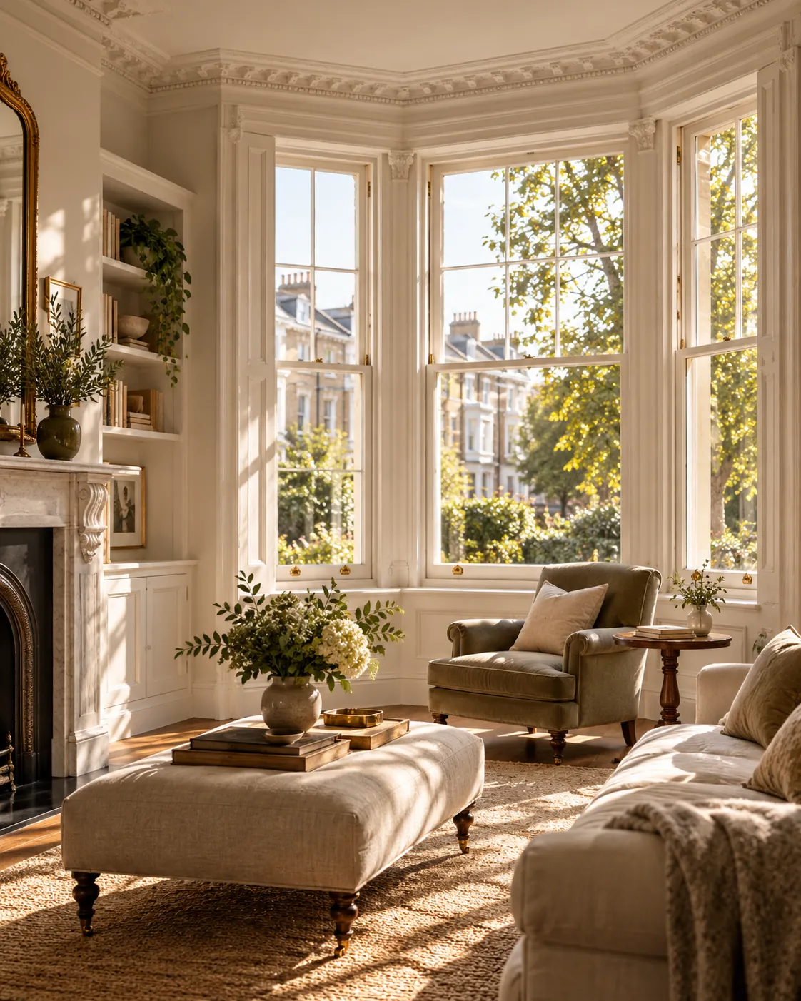Elegant room with a large timber bay window