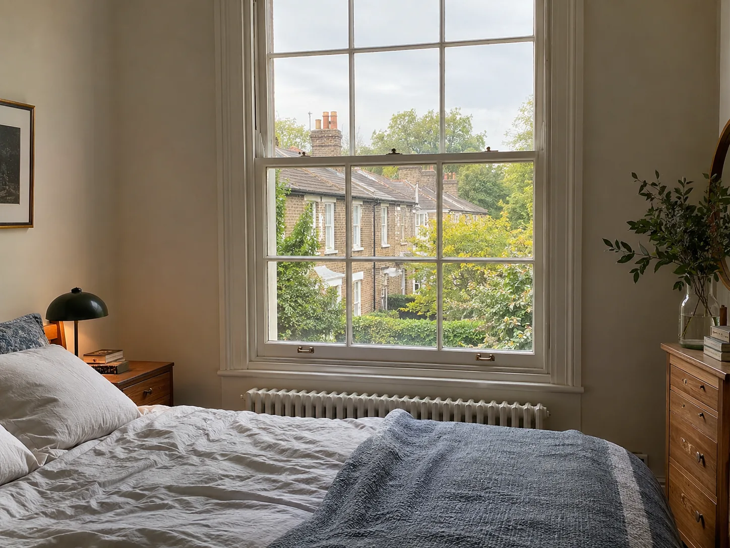 Bedroom with traditional sash window overlooking the street