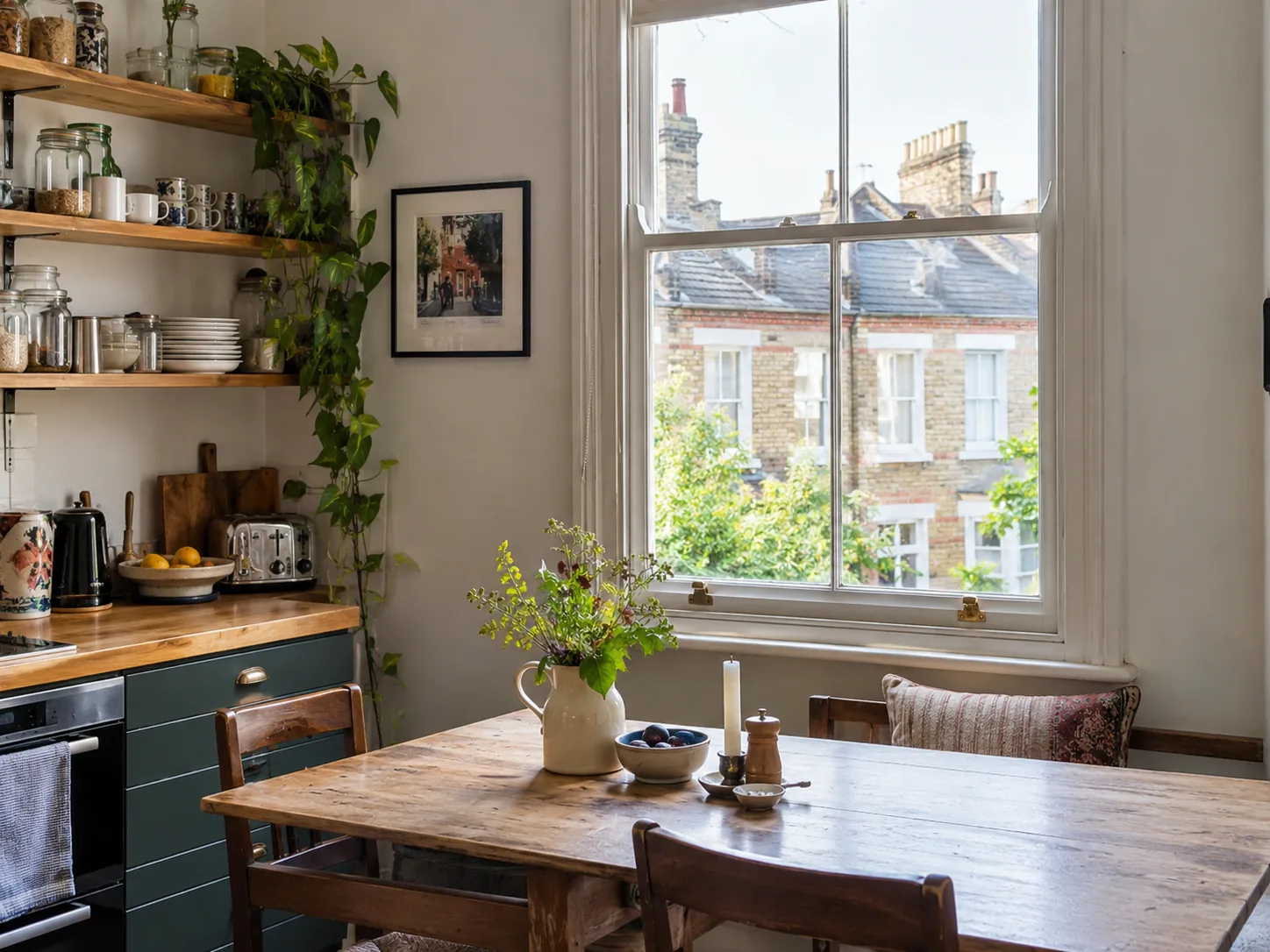 A light-filled kitchen with a traditional sash window